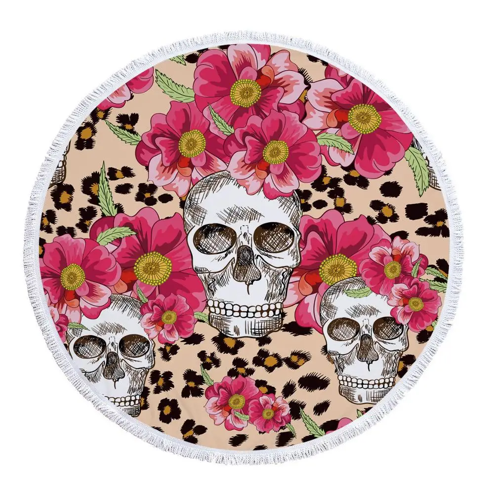 Skull Round Beach Towel Circle Blanket Skeleton Flower Microfiber Round Beach Blanket Custom Print Toalla Redonda