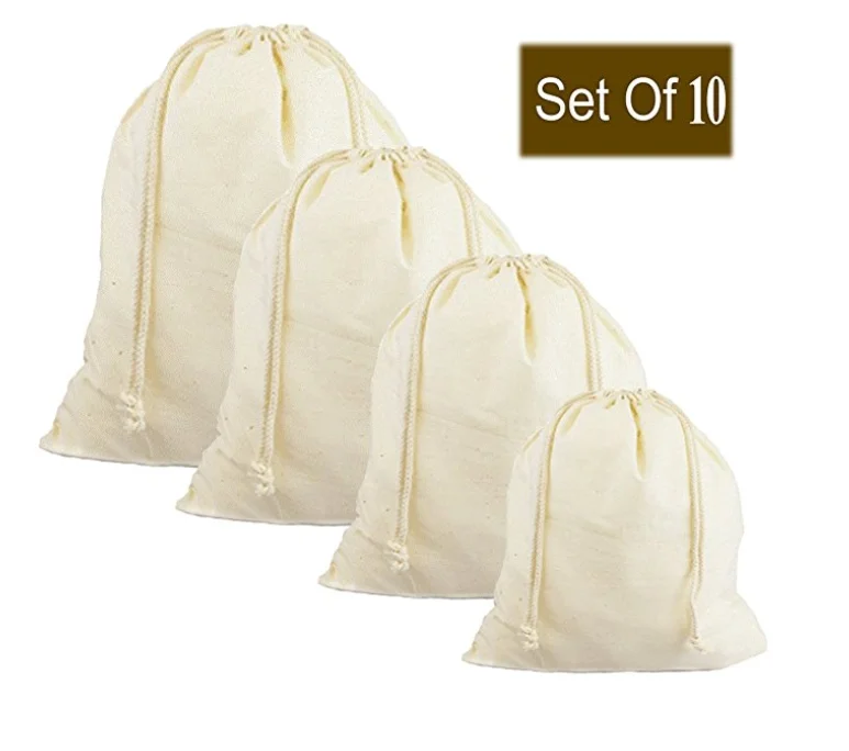 Reusable Produce Bags Organic Cotton Muslin Grocery Storage Snack Washable Bags With Drawstrings