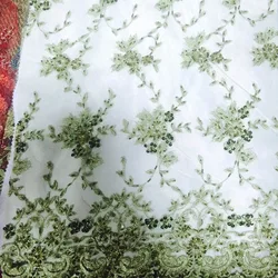 new style hand cut embroidery mesh dubai dress tule olive green lace fabric with beads