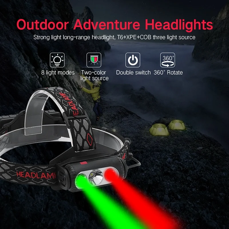 360 Degree Rotating Brightness Head Flashlight with Red Green White Emitting Color Light Multi Functional Rechargeable