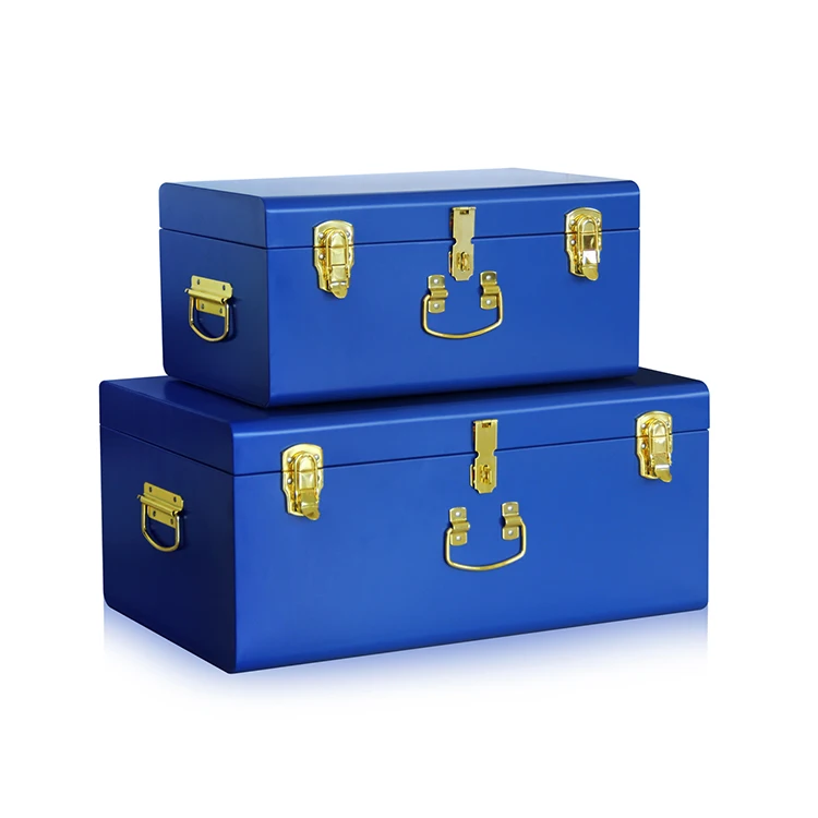 Industrial Vintage Metal Tin Trunk Box with Lock