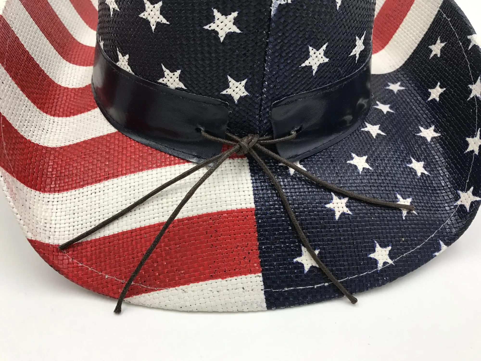 
Wholesale adult men straw hat USA flag cowboy hat with rope promotion western fashion hat 