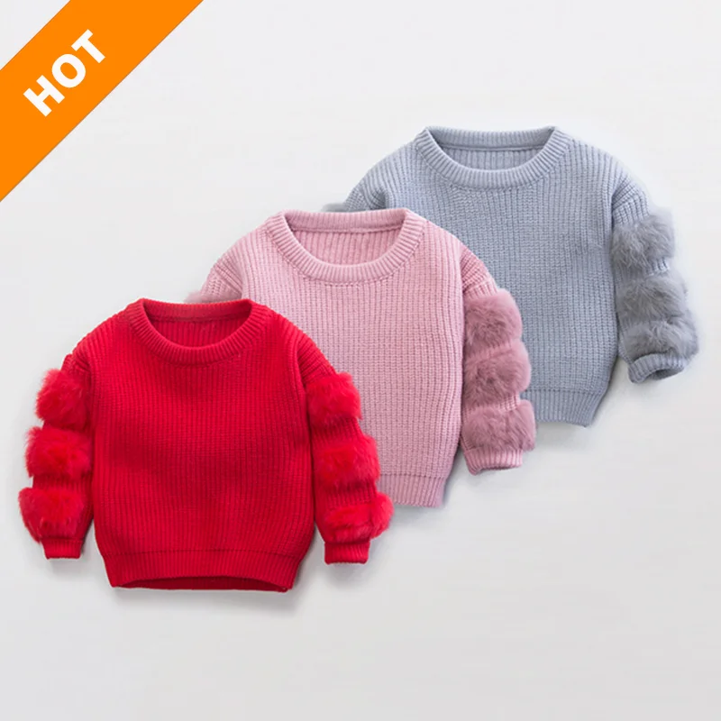 
Custom spring and autumn season solid color pullover long sleeve fur design top girls sweater 