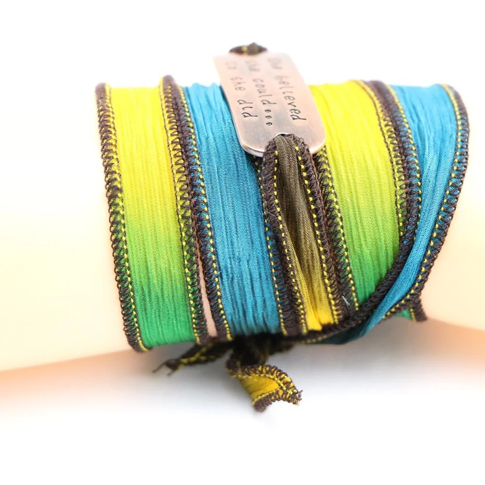 Custom christmas logo bracelet women jewelry set green silk wrap bracelet for friend