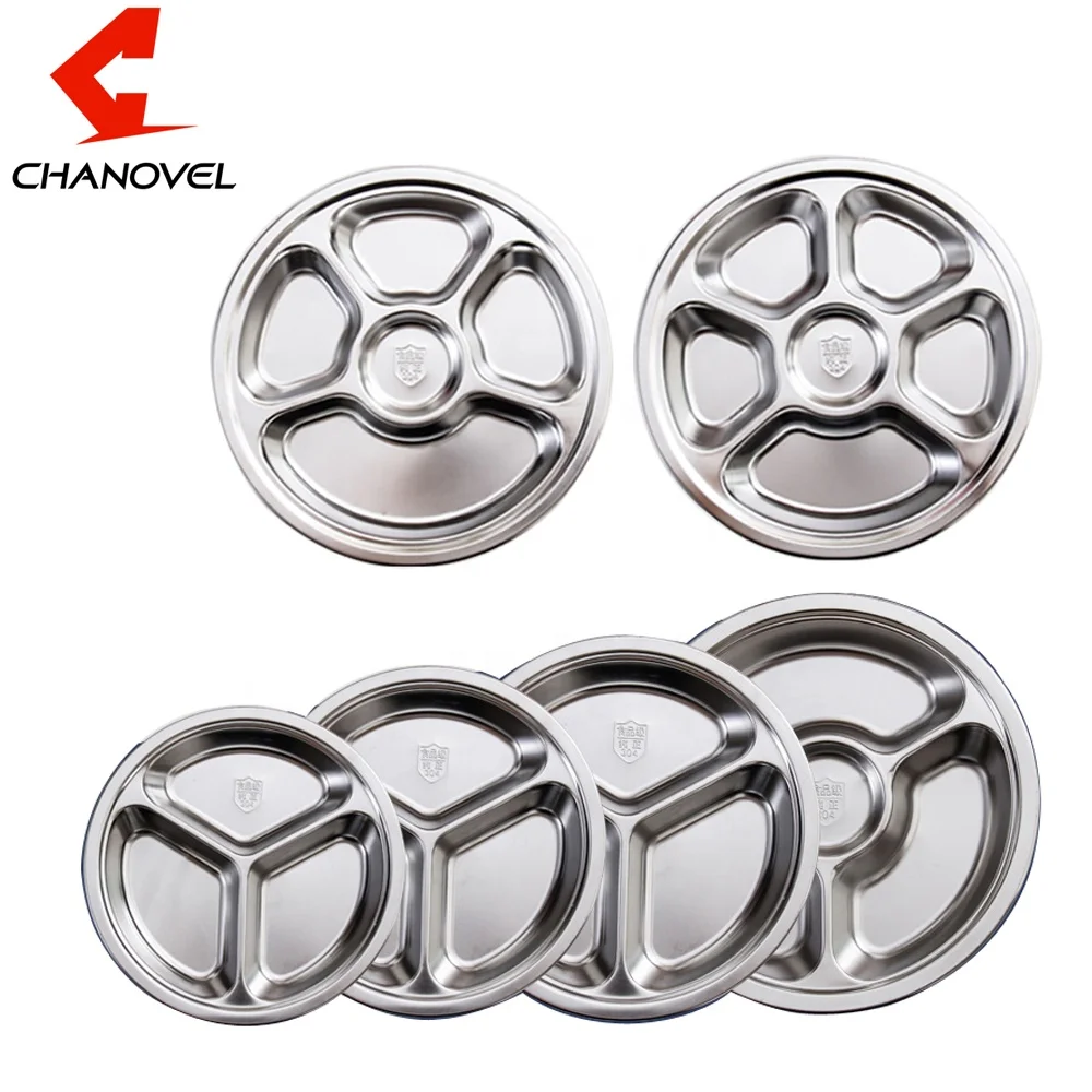 Wholesale 3/4/5/6 compartments round dinner dividers plate 304 stainless steel  lunch plates