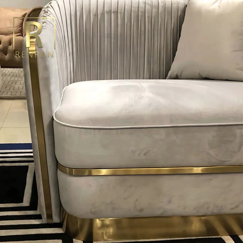 Modern home furniture 3-seater couch corner sofa with stainless steel base luxury velvet tufted sofa set for living room