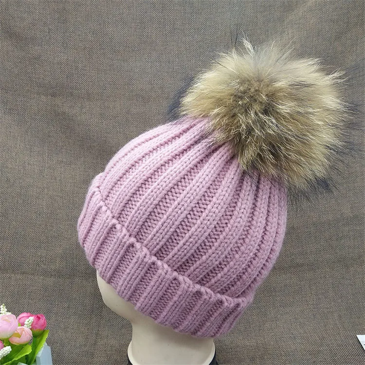 Women's knitted hat 2*2 ribs with faux fur with pompoms