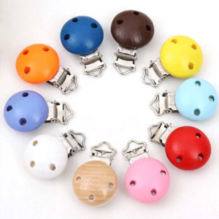 High Quality Custom Color Round Shape Pacifier Clip Wooden Baby Teether Pacifier Clip
