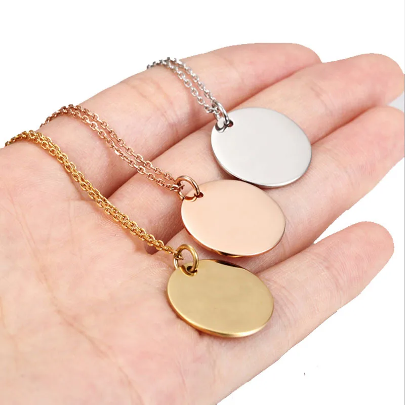 JDP079 High polish Blanks Tags 18mm Round Charm Pendants with chain 316L Stainless steel Necklace jewels