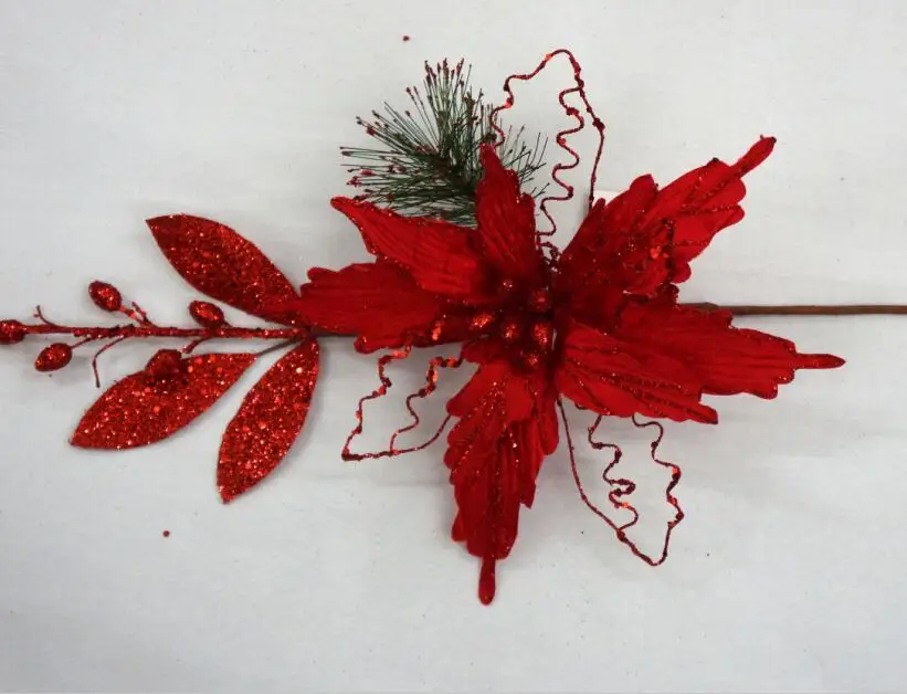 
Bulk Artificial flower glitter Christmas flower fabric Poinsettias Single flower 