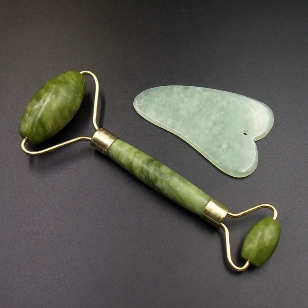 Genuine Jade Roller for Face and Gua Sha Tools Gift Set, 100% Natural Handmade Jade Facial Massager, Scraping Tool