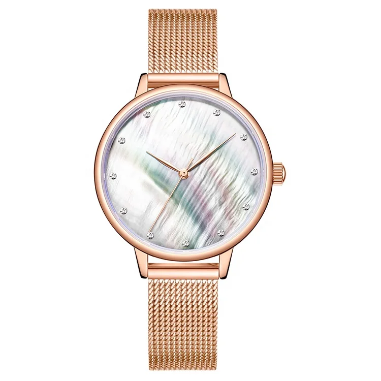 fashion watches ladies watch Colorful Mother of pearl dial stainless steel rose gold mesh band women brand woman watch