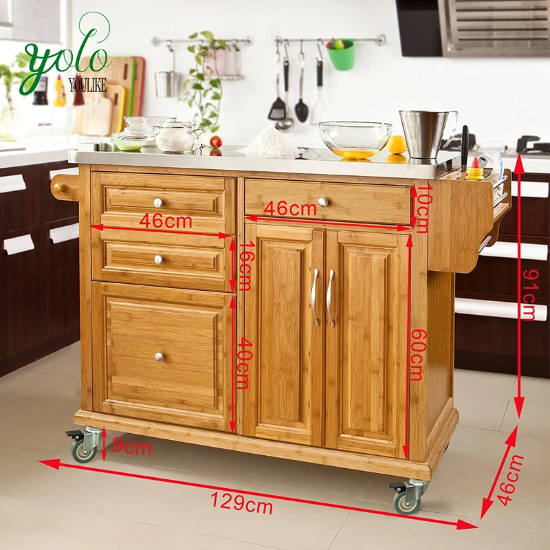
Storage Serving Cabinet Bamboo Kitchen Trolley with Stainless Steel Worktop 