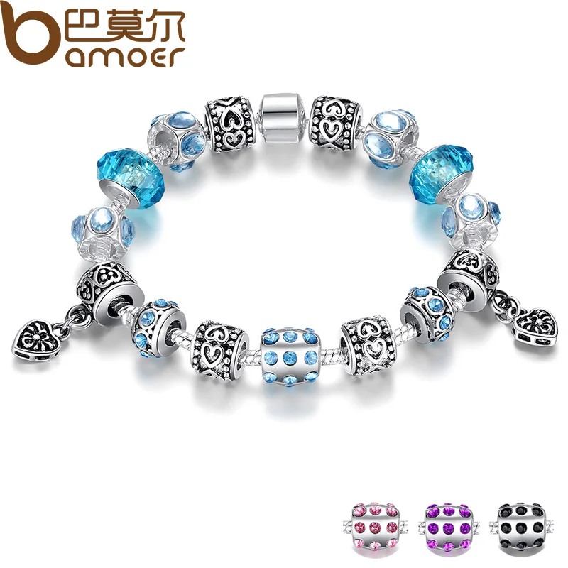 Aliexpress Hot Sell European Style 925 Silver Crystal Charm Bracelet for Women With Blue Murano Glass