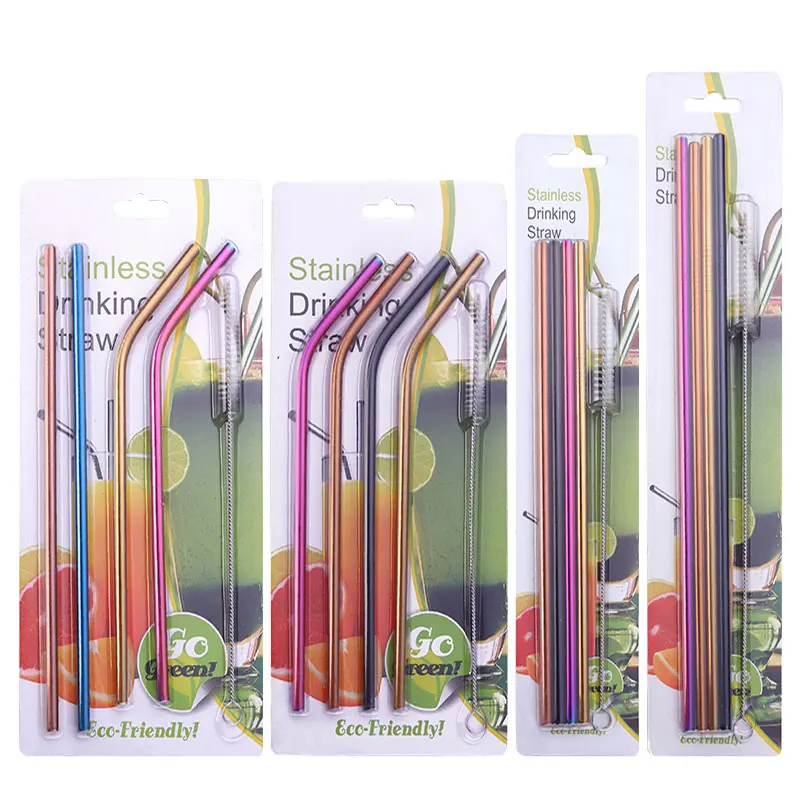 Eco-friendly reusable metal drinking straw stainless steel straw set with brush in blister card packing/215*6mm(20oz)
