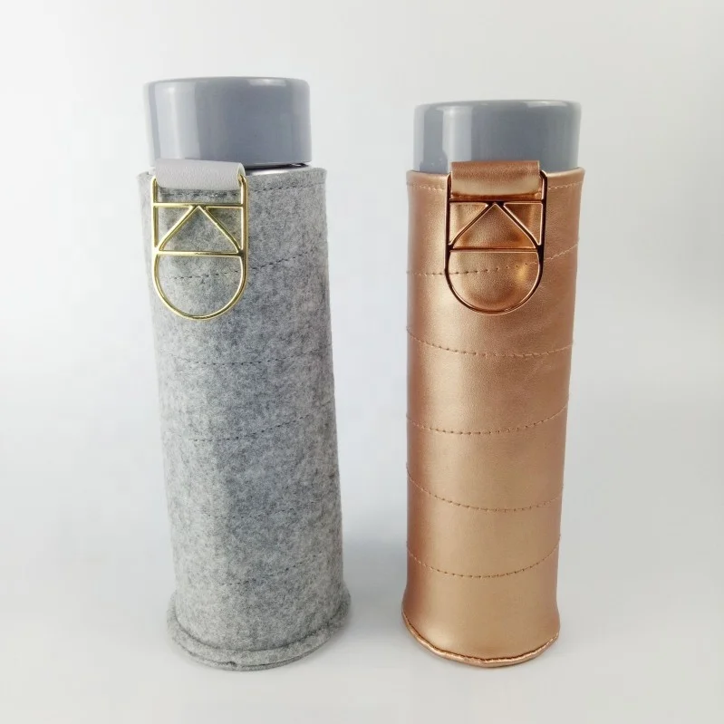 newest fashion custom promotional gold leather wool felt water wine bottle holder  bottle sleeve bottle cooler bag