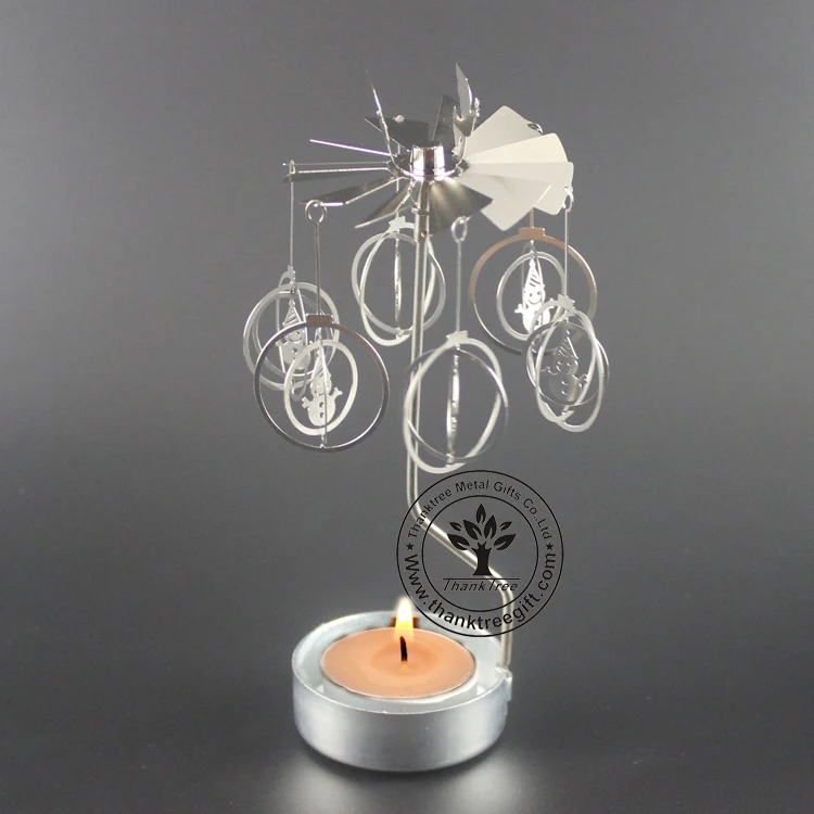 Silver plated metal etching rotating spinning tea light candle holder SCH-029