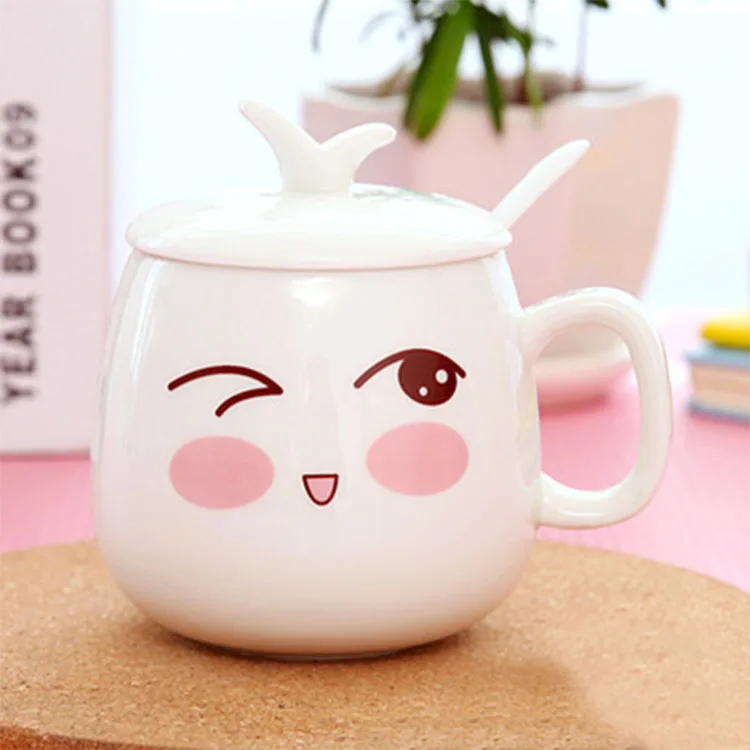 Custom Personalized Cute Expression Cartoon White Ceramic Coffee Mug with Lid Spoon Reusable Coffee Cups