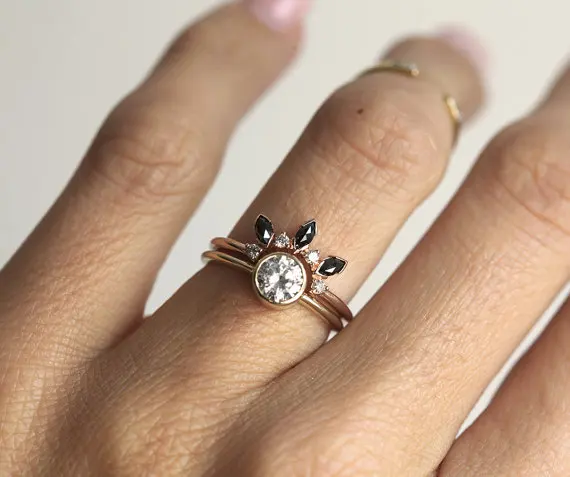 Marquise Cutting Black Spinel Thin Stackable Silver Rings