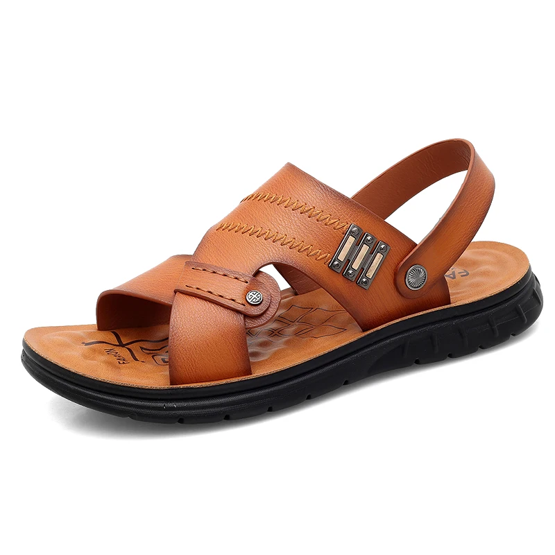 Мужские модные пляжные шлепанцы, сандалии с плоской подошвой, дышащие мужские кожаные шлепанцы, новинка 2019
