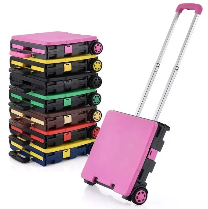 Woka Home Plastic Foldable Trolley Cart Portable Supermarket Shopping Cart with Hand Push Wheels and Lid Small Size