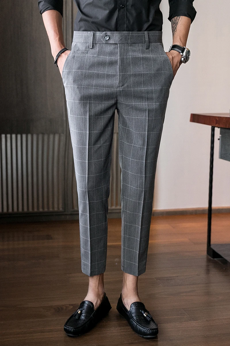 
Korean style slim gery square men suit pants for businessman trousers suit for young man formal pant suits for weddings 