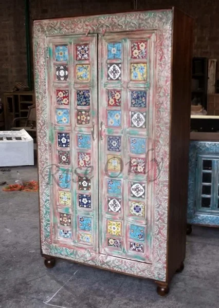 Rise Only Indian colorful mango wood bedroom furniture wooden carving ceramic tile fitted wardrobe design pictures