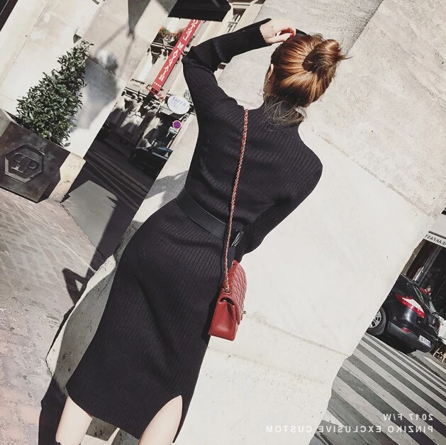 women knit long   turtleneck  thicken winter Korean style  fashion Sashes  furcal pure color