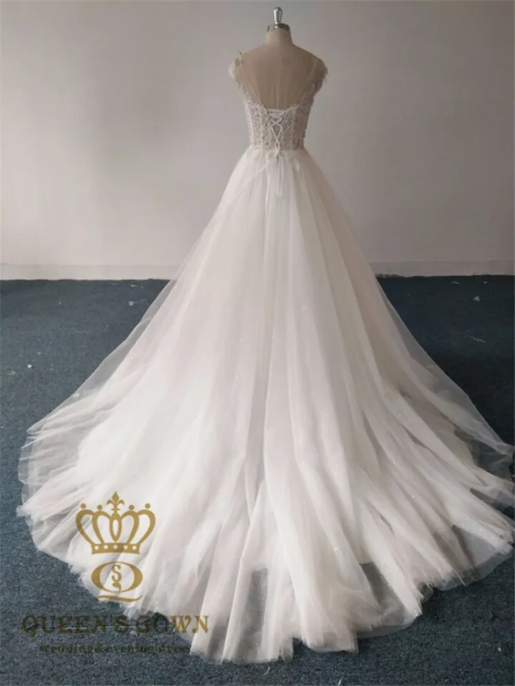 Real Photo Bridal Gown Tulle beading Lace Pattern Elegant Bling Wedding Dress  sleeve Ball Gowns