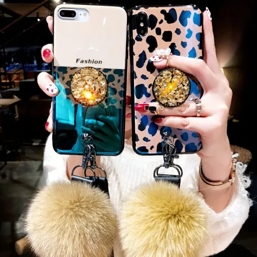 
Luxury Leopard Fur Ball Girls Case Soft Bumper with Stand Holder/Wrist Strap For Iphone Xs Pro Max Case 