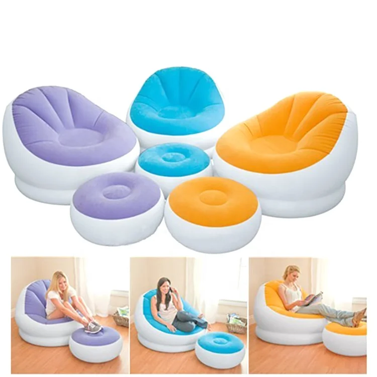 Inflatable Sofa Lounge Air Chair Indoor Outdoor Living Room Flocked PVC With Foot Rest Ottoma Stool