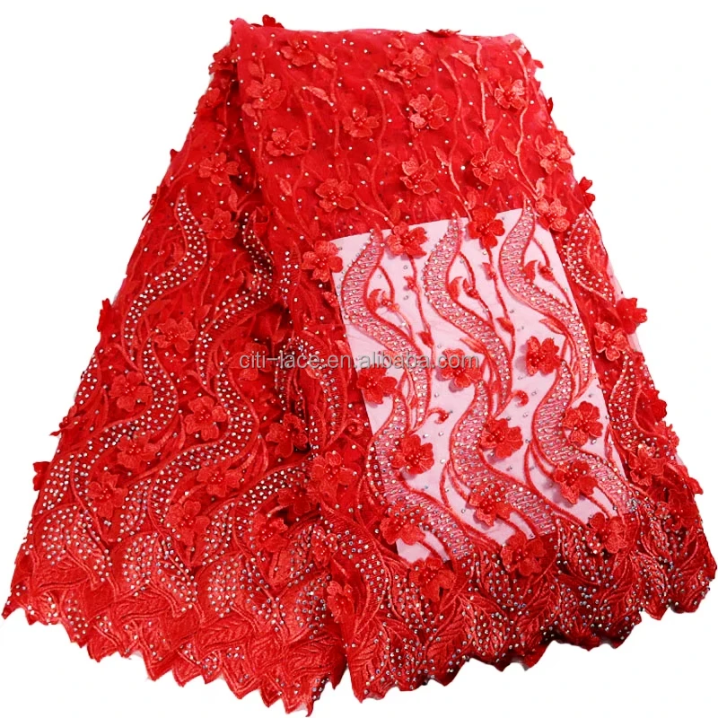 Luxury 2017 red fashion high-end handmade 3d beaded tulle lace fabric with stonesTS39-3