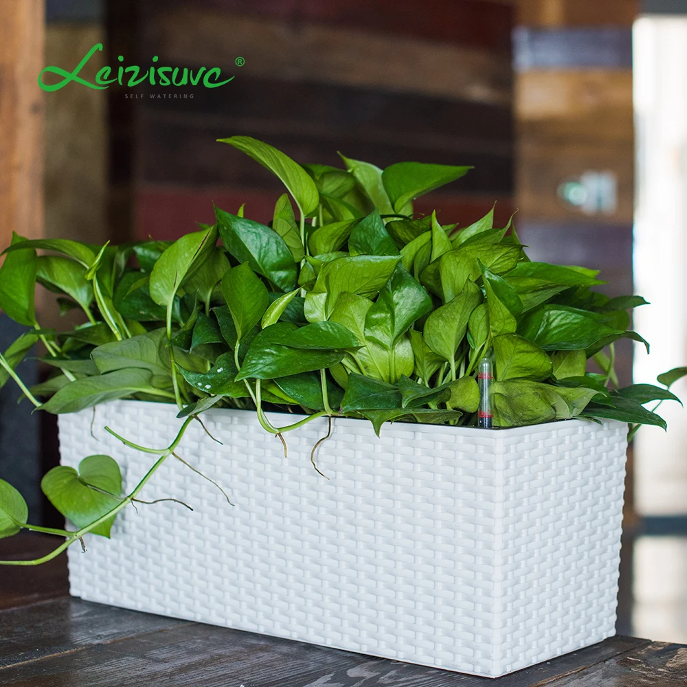 Wholesale self watering fancy white railing balcony plastic rattan plastic herb long flower pot window box rectangular planter