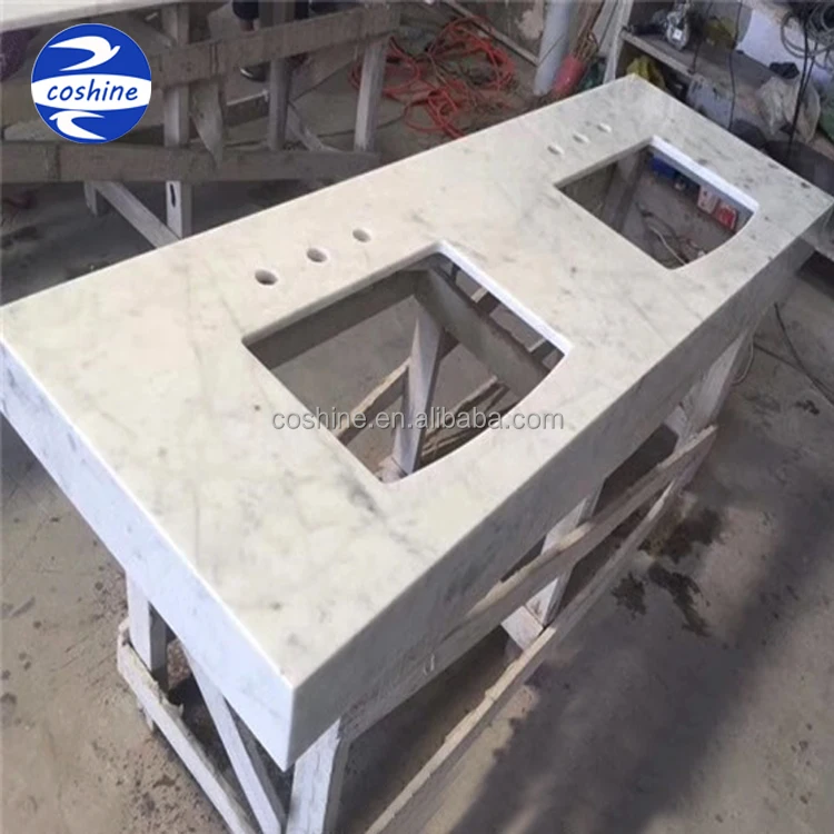 Polished used double sink carrara white marble countertop