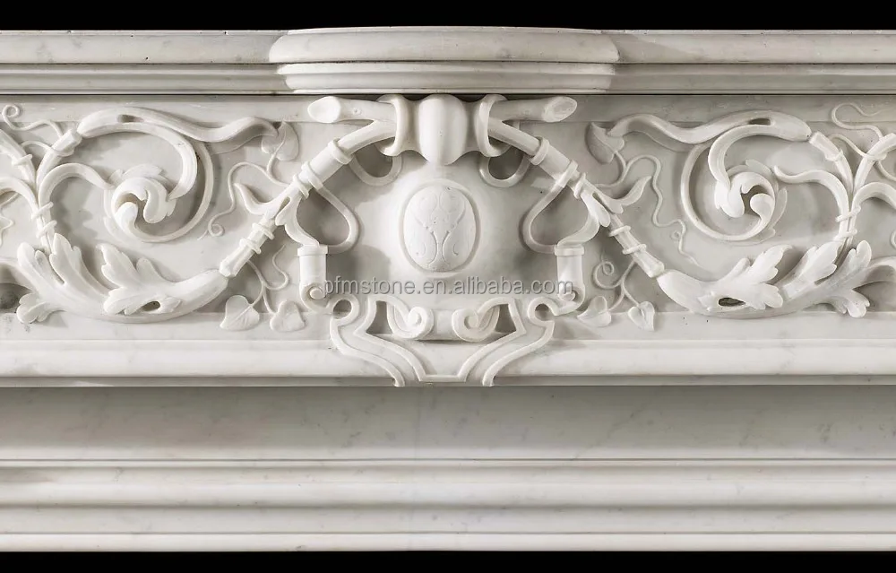 A large French Louis XVI style antique decorative Carrara white Marble fireplace mantel