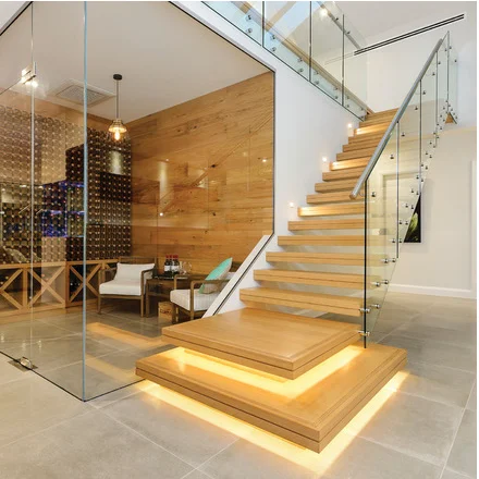 LED the Custom  Light Wood Floating Stairs Popular Wooden Box Tread Wooden Staircase