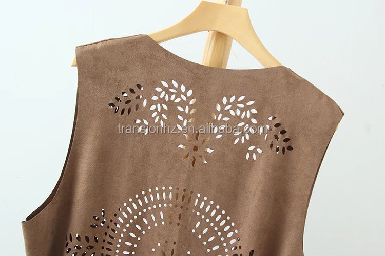 
women fashion laser engraving fake suede vest with fringes at bottom 