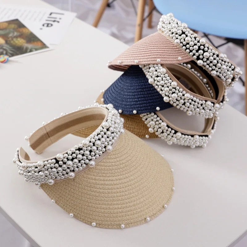 2019 hot selling korean version summer children sunscreen net red handmade pearls empty top baby outdoor beach hat