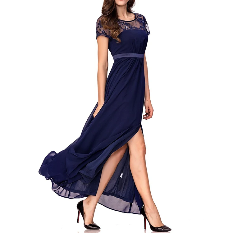 Clothing Manufacturer Ladies Floral Sheer Mesh Elegant Split Side Formal Party Dress