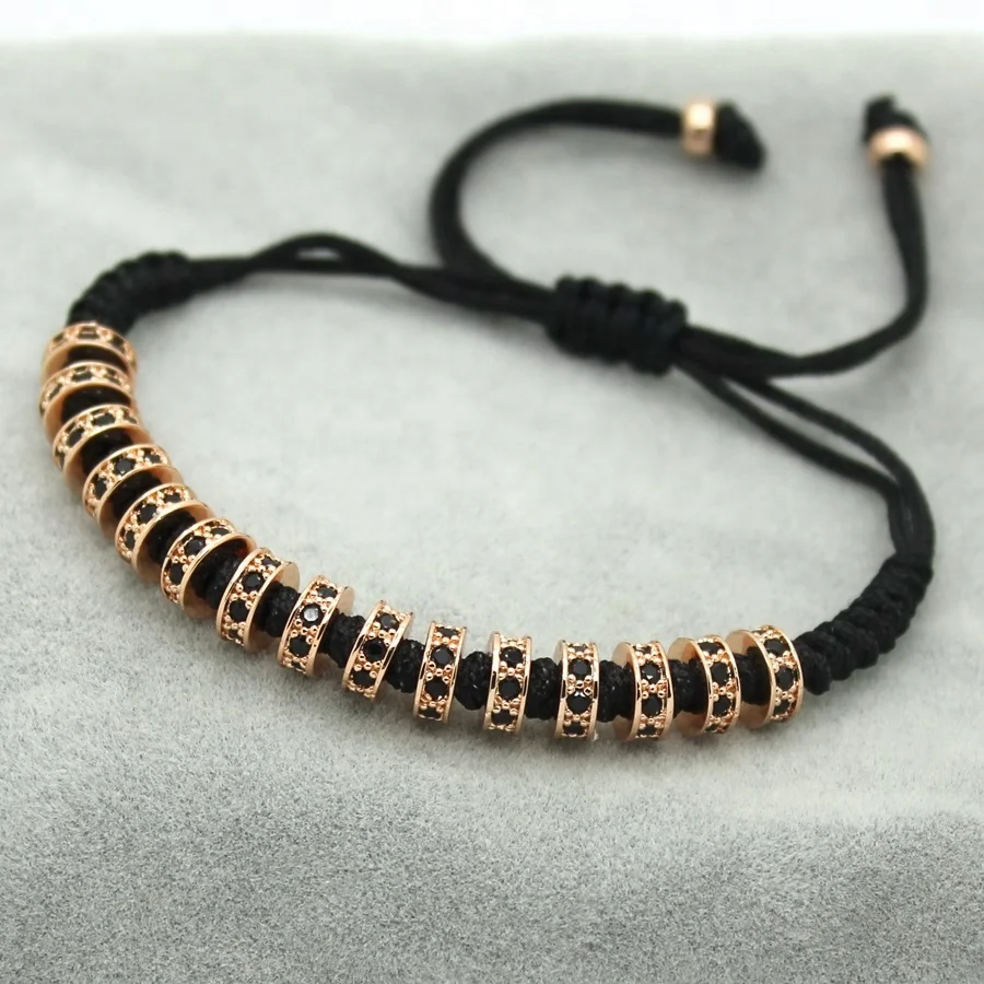 New Brand Fashion Women Macrame Bracelets Rose Gold Micro Pave Black CZ Stoppers Beads Bracelet Jewelry Factory Price Wholesale