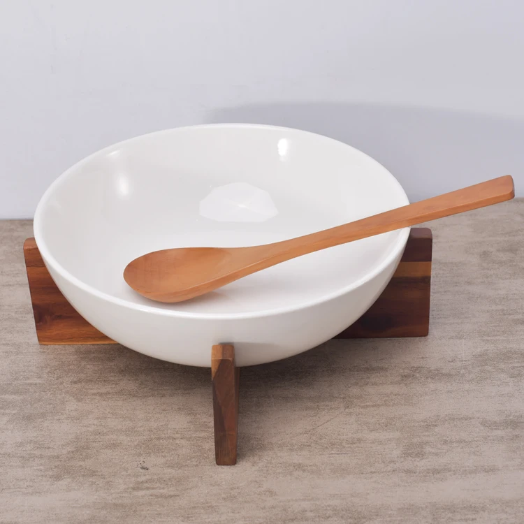 Round restaurant used ceramic mixing bowls bog soup luxury bowl with wooden stand and spoon
