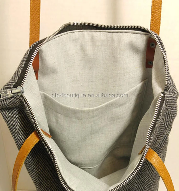 
CFP B623 Wholesale Gray Herringbone Tweed Handbag with Metal Zipper Closure Tweed Herringbone Tote Bag 