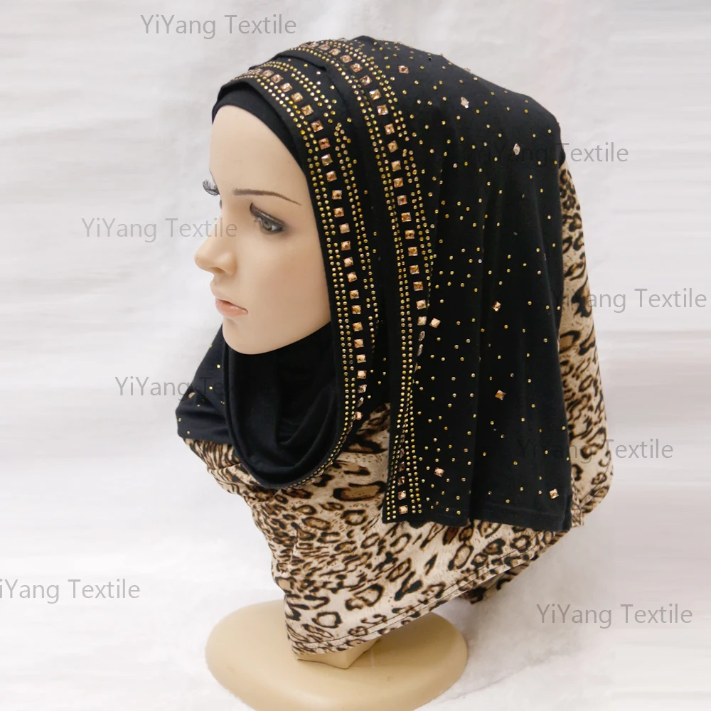 
High Quality Muslim Islamic Fashion Dubai Cheap Scarf Shawl Printed Jersey Cotton Jersey Hijab With Rhinestone 