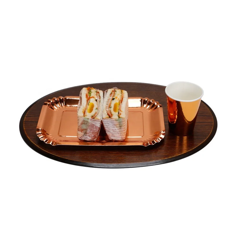 Classical Hot Sell  Disposable 400 gsm  10.5 inch Rectangle  Rose Gold Foil Paper Plates