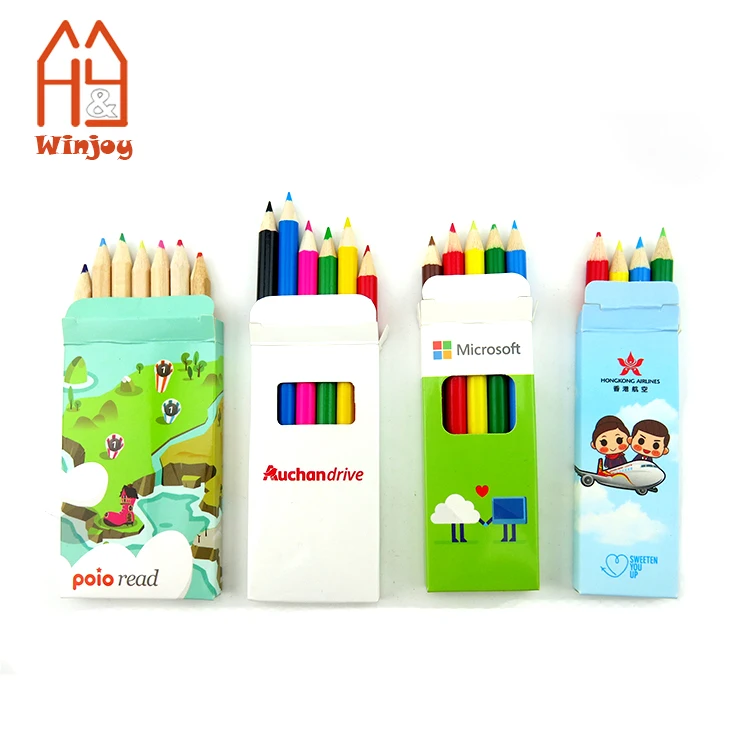 6pcs/8pcs Wooden Drawing Color Pencil Natural Wood Mini Size Custom Paper Box Packing Kids Colored Pencils Art Sets