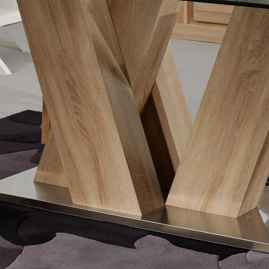 Black Tempered Glass Top Wood Stainless Steel Base Design Kitchen Dining Room Table