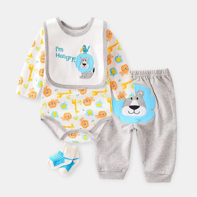 Cheap price longsleeve 100% cotton baby wear with baby bibs and socks Breathable combed cotton newborn baby clothes set