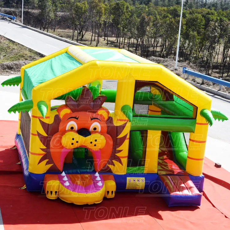 most popular multiplayer lion with roof inflatable jumping bouncy castle,cheap bounce house with slide combo for sale