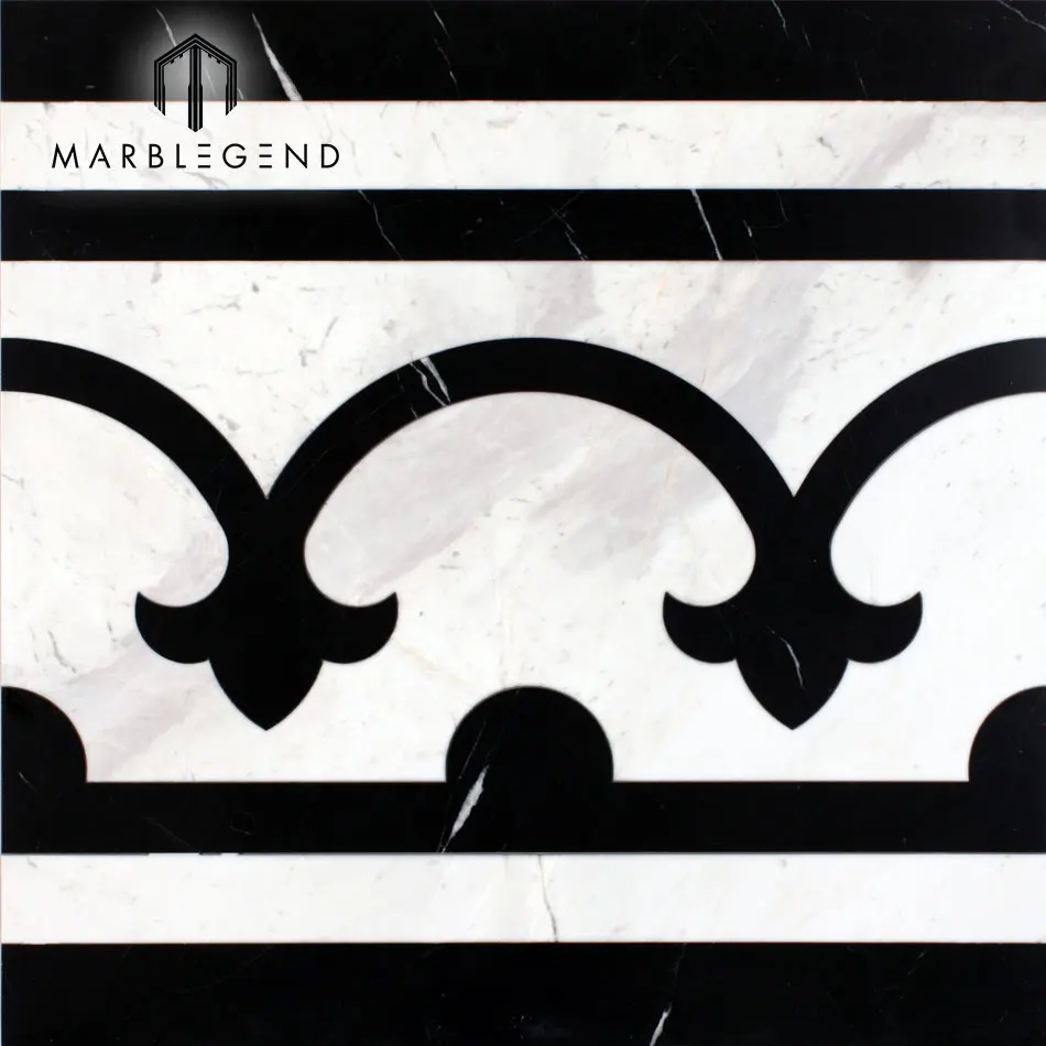 Black and white wave pattern Waterjet laminated Marble inlay Floor Medallion