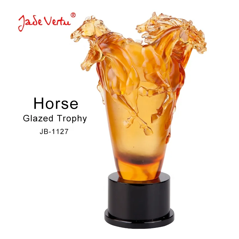 Premium gift horse art glass trophy pate de verre crystal trophy cup